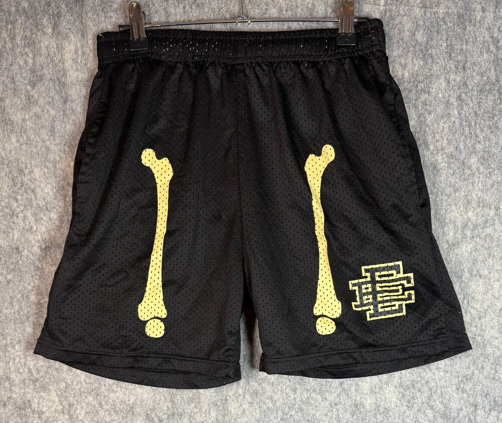 Eric Emanuel Boys Black Yellow Bones Large Mesh Athletic Shorts Drawstring